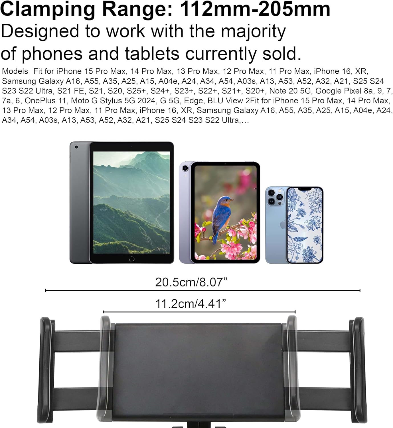 Tablet holder 112 to 205 millimeter clamping range for phones and tablets