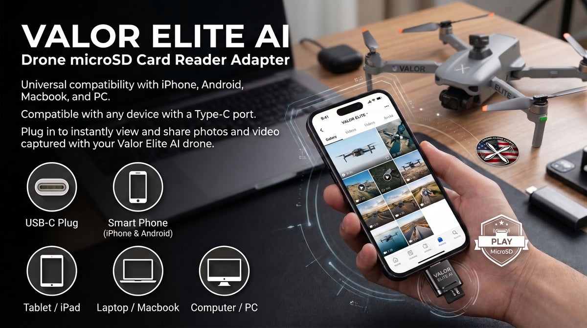 Valor Elite AI USB-C microSD card reader for viewing and sharing drone photos and videos on USB-C phones, tablets and computers