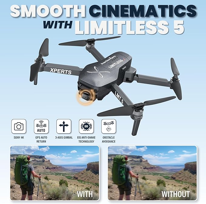 X Pro LIMITLESS 5 Camera Drone for Adults - GPS 4K UHD Drones with Obstacle Avoidance - 3-Axis Gimbal - Auto Return and Follow Mode - Long Flight Time & Control Range - Live Video - FAA RID Compliant - Drone-Clone Xperts