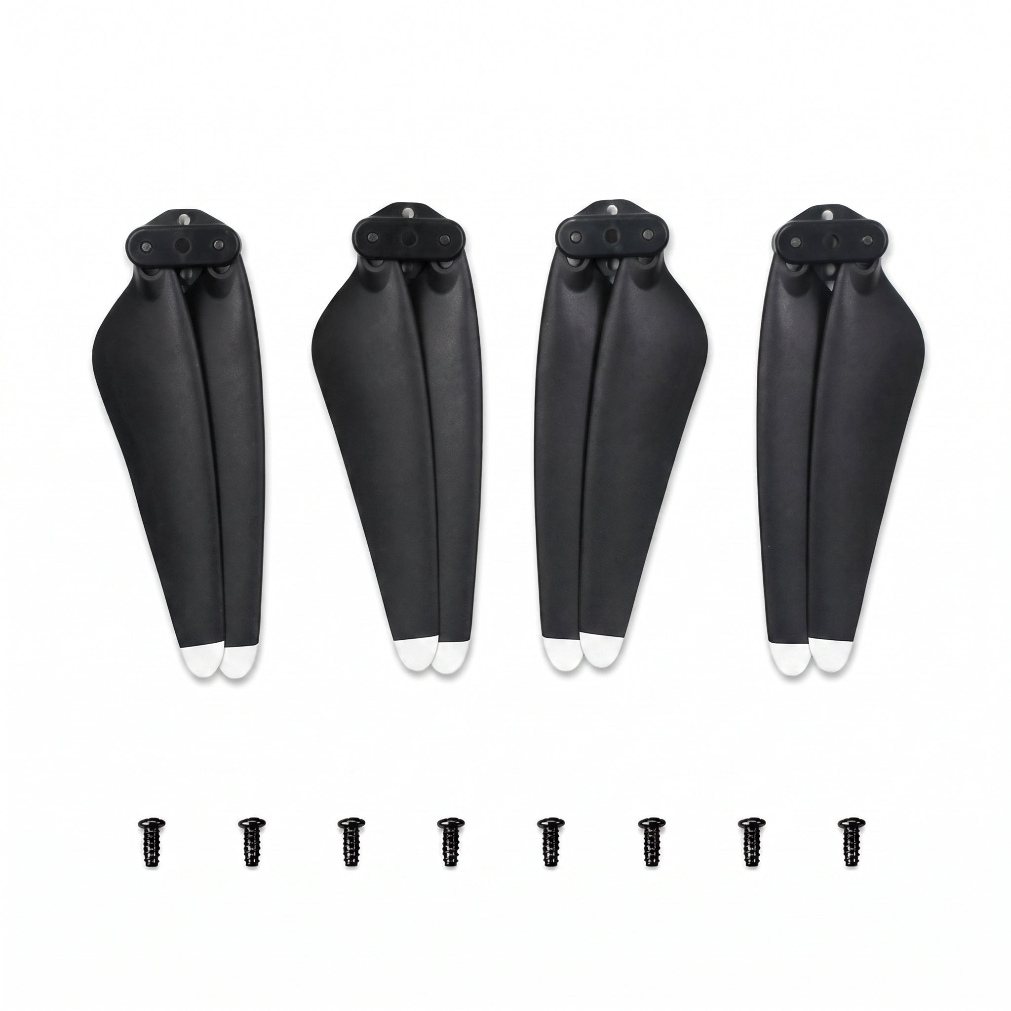 Four black LIMITLESS 5 drone propeller blades with white tips and four small black screws, arranged on a plain white background.