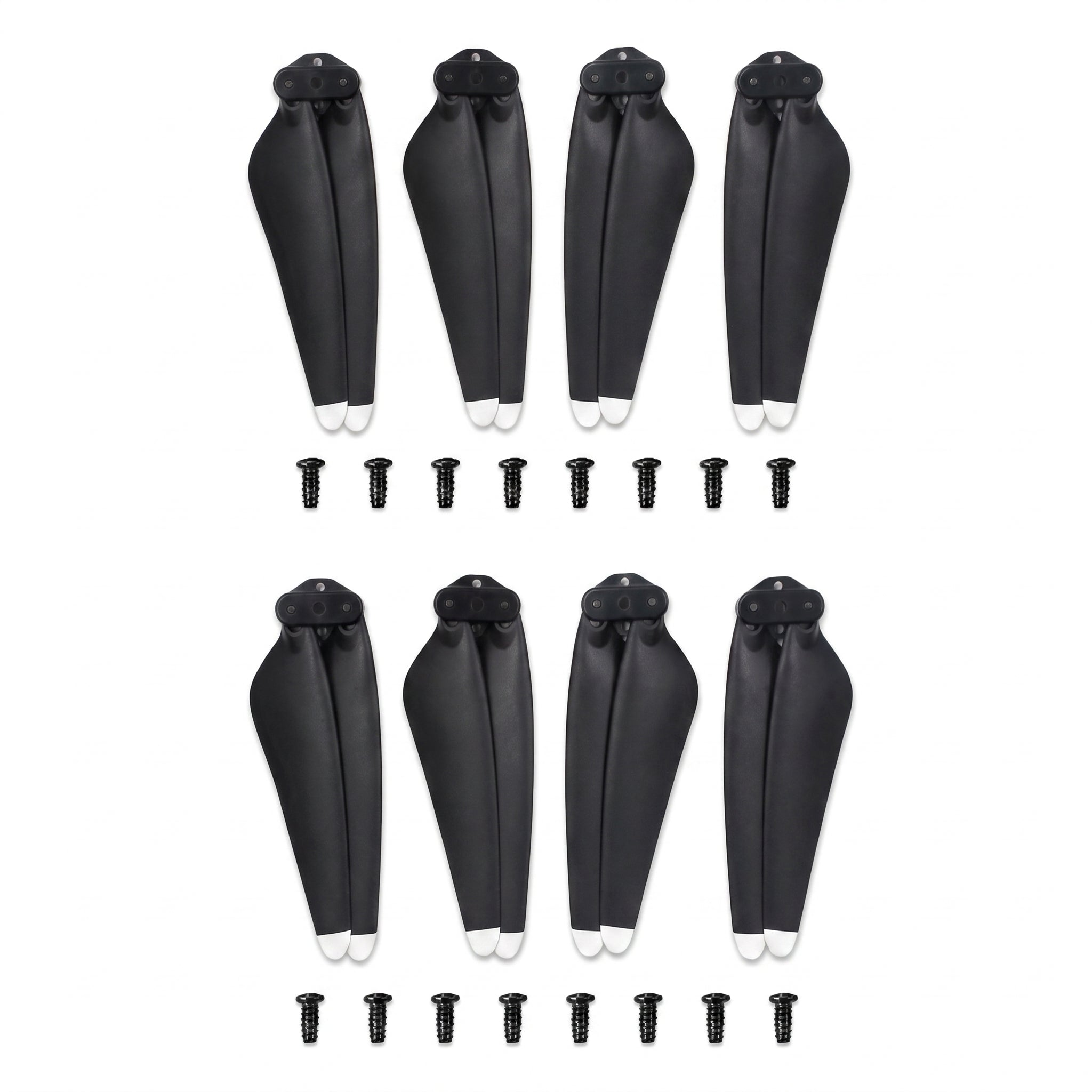 Eight LIMITLESS 5 drone replacement propellers with white protective tips and eight black mounting screws, arranged in two rows of four on a plain white background.
