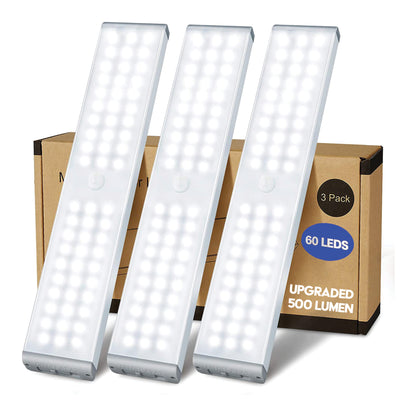 60LED Under Cabinet Lights - Motion Sensor Closet Light - 500 Lumen Wireless - Rechargeable LED 3pk