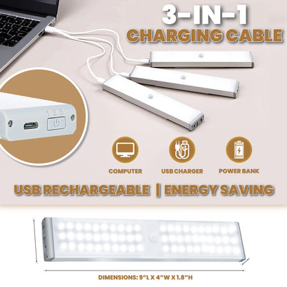 60LED Under Cabinet Lights - Motion Sensor Closet Light - 500 Lumen Wireless - Rechargeable LED 3pk