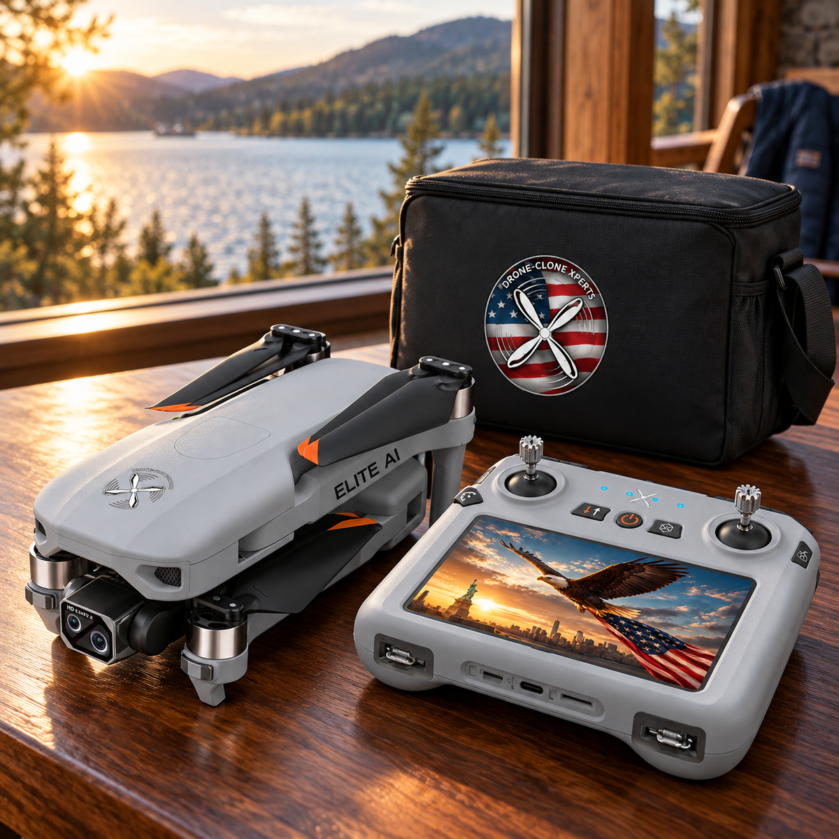 Valor Elite AI drone with smart controller and premium carrying case overlooking a mountain lake