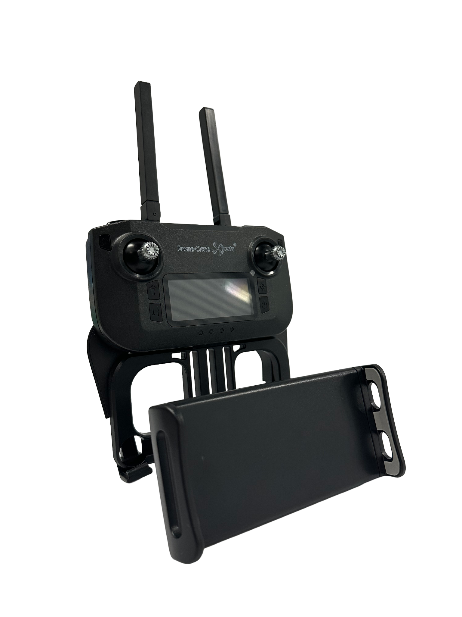LIMITLESS 5 tablet and large phone holder mounted on remote controller, angled view