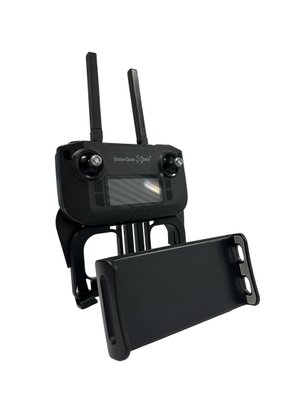 LIMITLESS 5 tablet and large phone holder mounted on remote controller, angled view