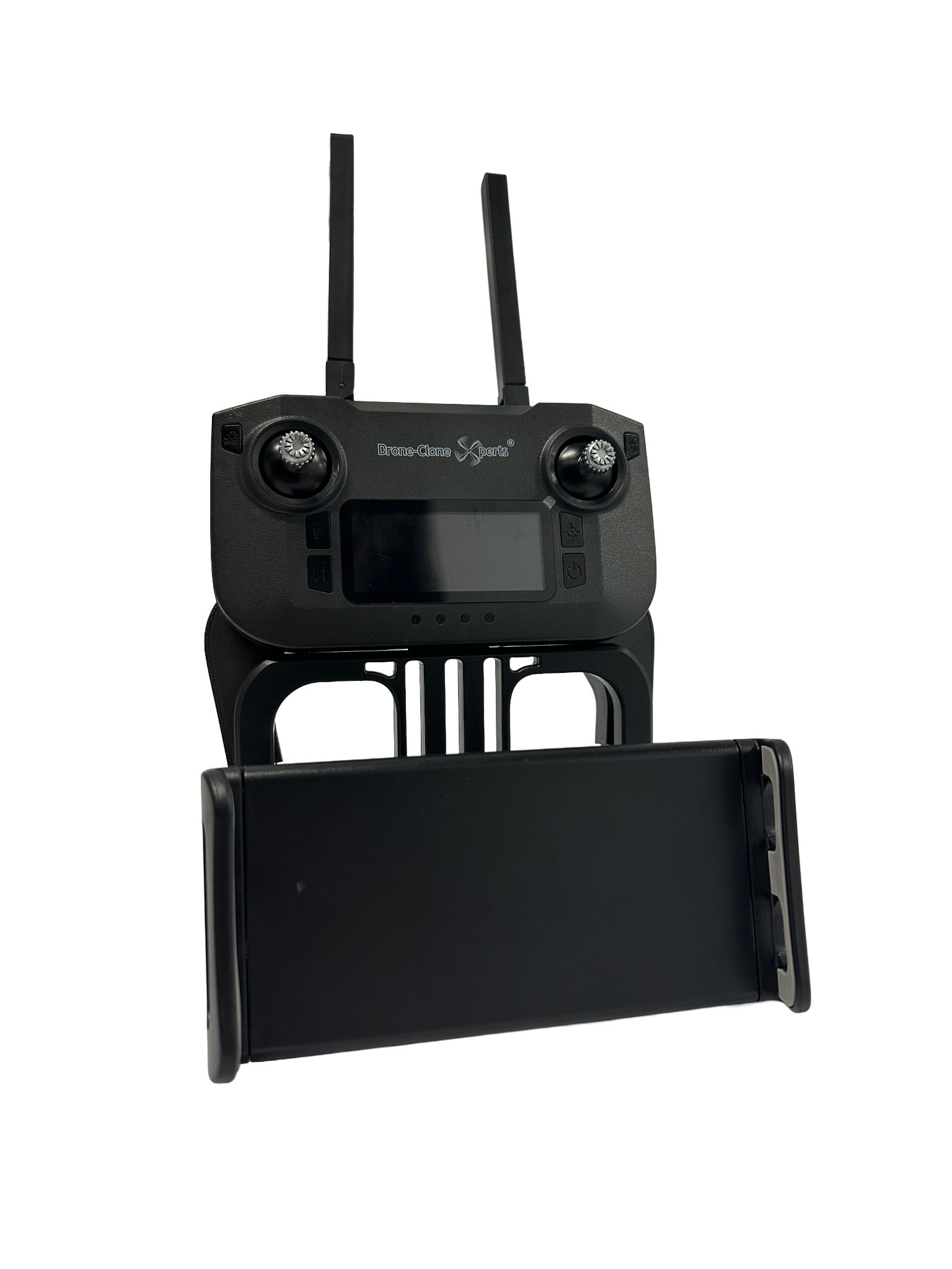 LIMITLESS 5 tablet and large phone holder mounted on remote controller, front view