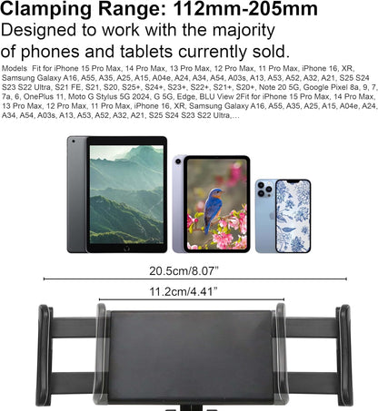 Tablet holder 112 to 205 millimeter clamping range for phones and tablets