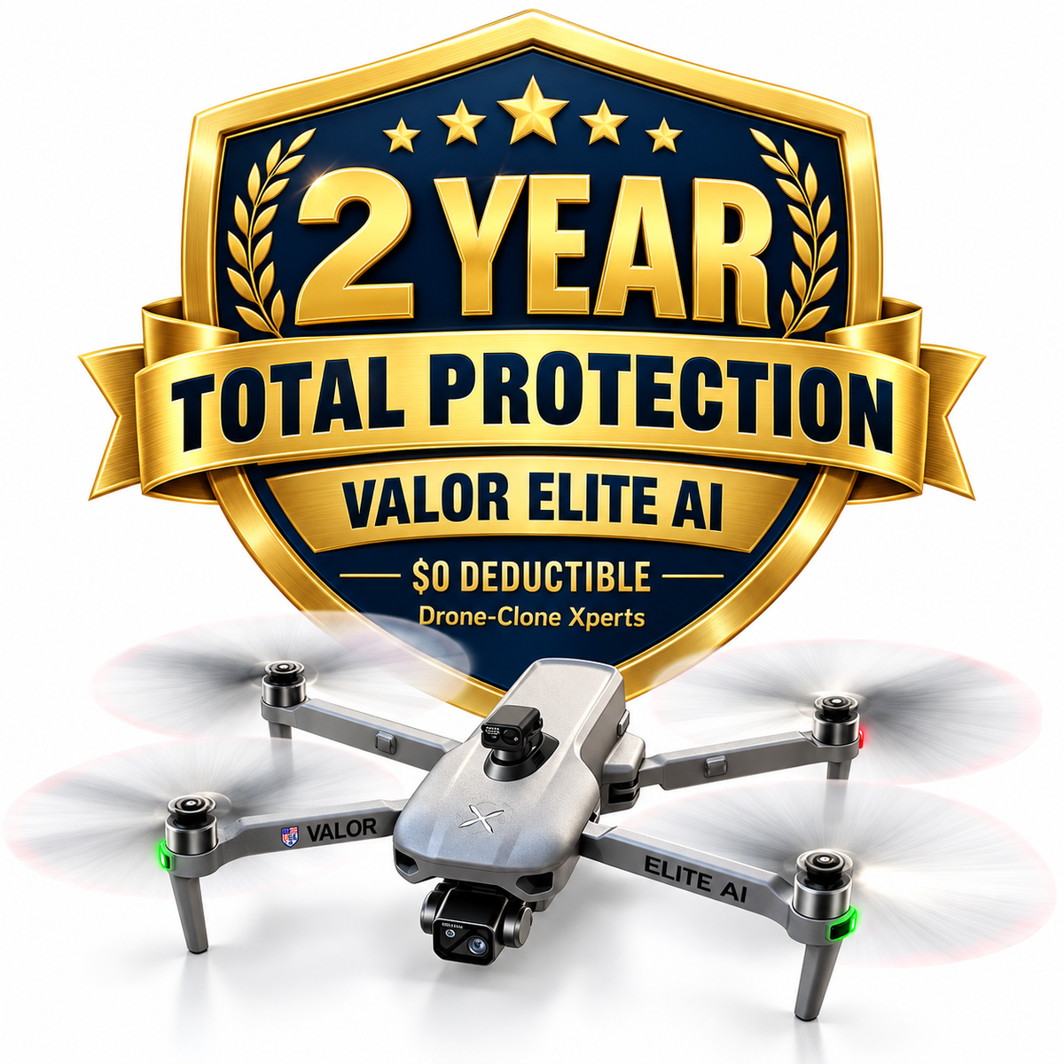 2-Year Total Protection for Valor Elite AI Drone with gold protection badge and Valor Elite AI drone, $0 deductible