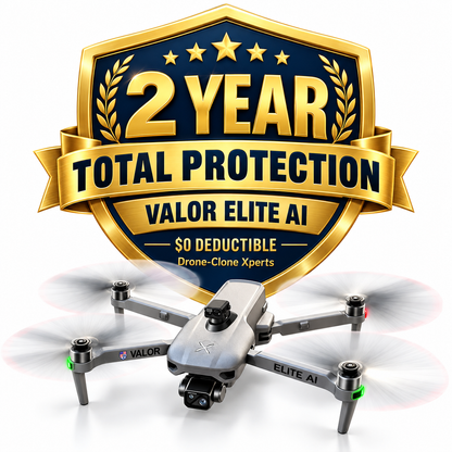 2-Year Total Protection for Valor Elite AI Drone with gold protection badge and Valor Elite AI drone, $0 deductible