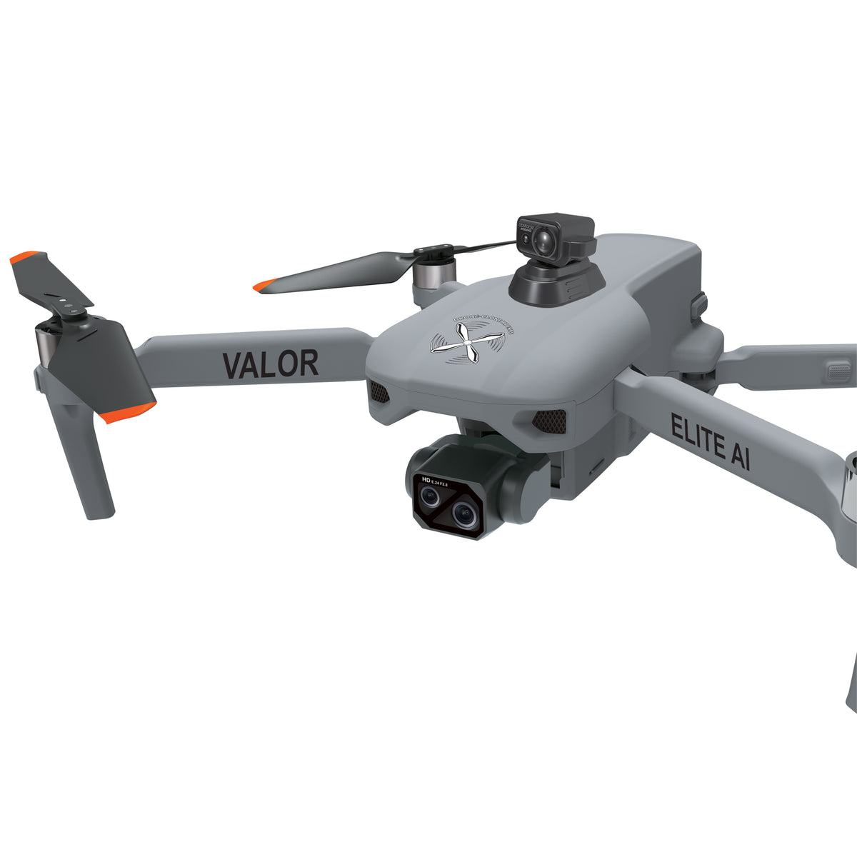 Close-up of the Valor Elite AI drone camera, body, and branded arms