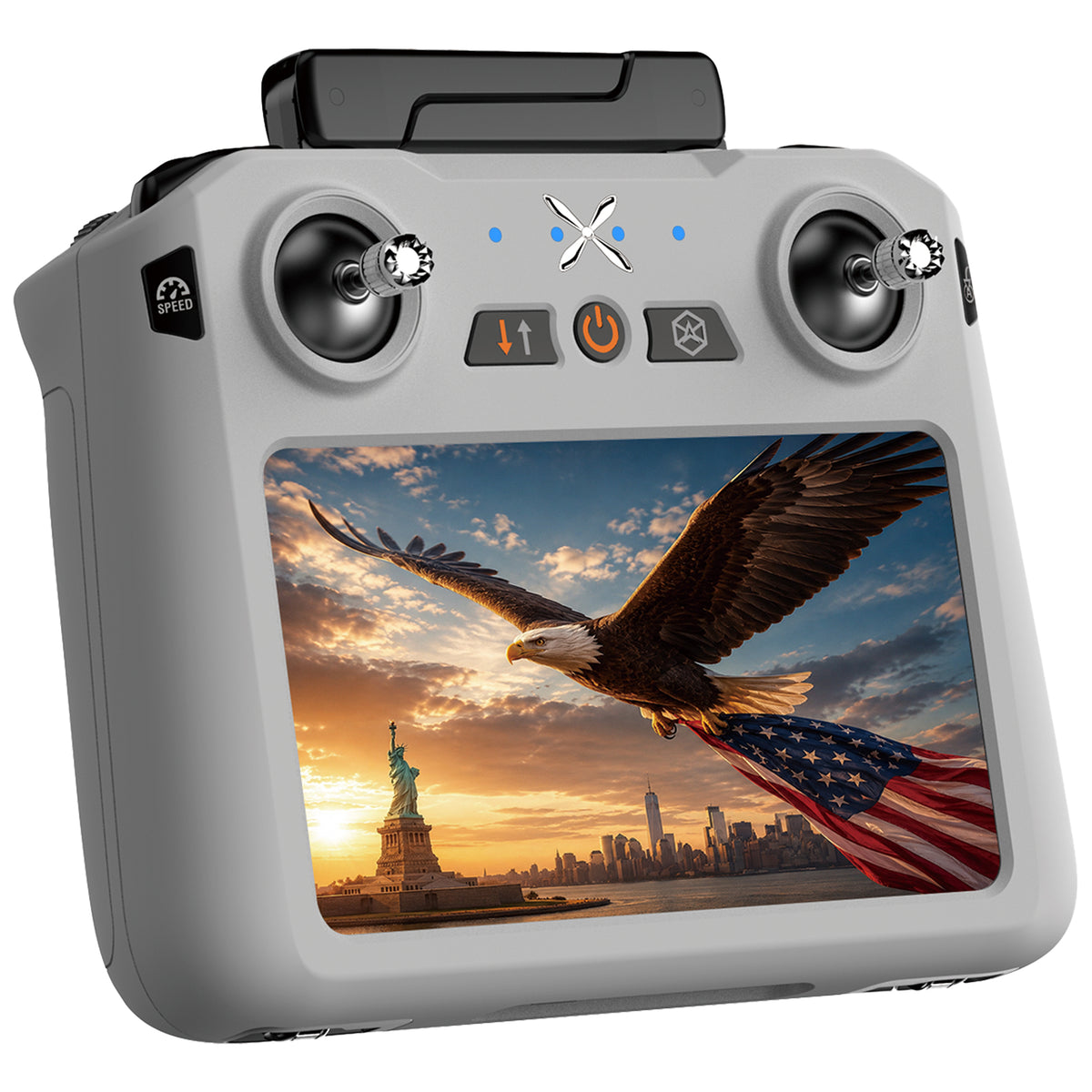 Close-up of the Valor Elite AI controller display and flight controls
