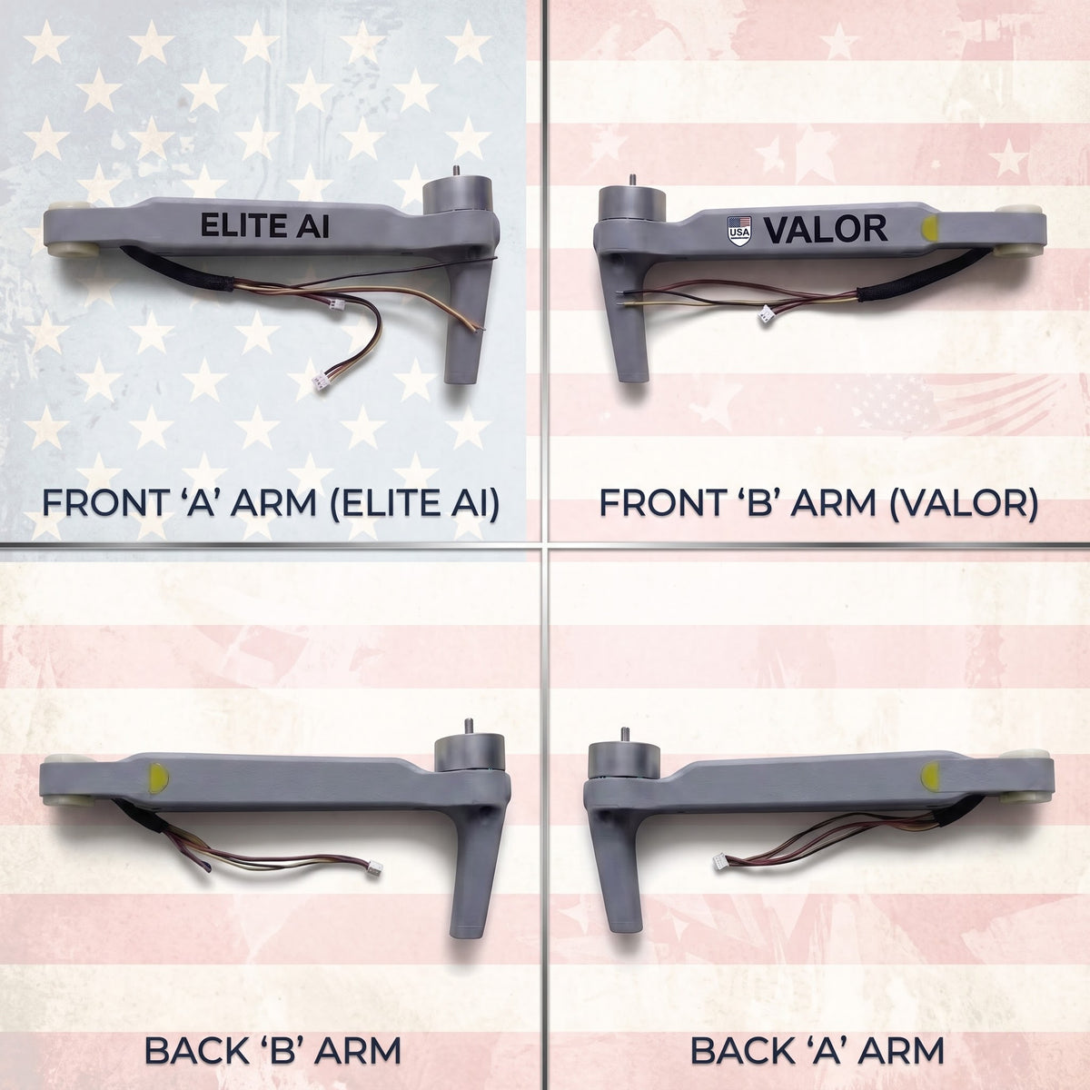 Valor Elite AI four-arm identification guide showing Front A, Front B, Back A and Back B