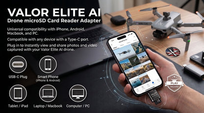 Valor Elite AI USB-C microSD card reader for viewing and sharing drone photos and videos on USB-C phones, tablets and computers