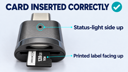 Correct microSD card insertion with the printed label facing up and status-light side up