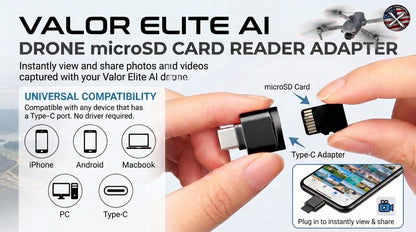 Valor Elite AI USB-C microSD card reader adapter compatibility with USB-C iPhone, Android, MacBook and PC