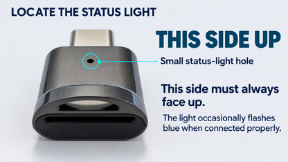 USB-C microSD adapter status-light location and blue indicator